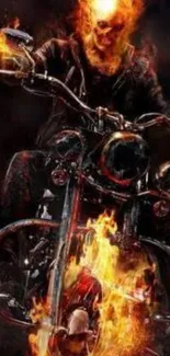 Fiery skeleton riding a burning motorcycle.