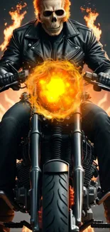 Fiery skeleton rides motorcycle, flames burst around.