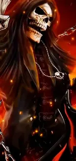 Skeleton guitarist amid fiery background.