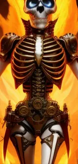 Steampunk skeleton warrior with fiery backdrop, vivid colors.