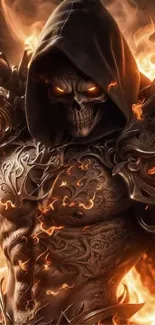 Skeleton warrior engulfed in flames, showcasing epic fantasy art.