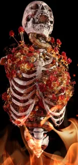 Skeleton with flowers and flames, vibrant wallpaper.