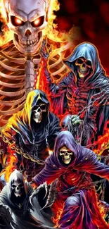 Hooded fiery skeletons with chains in vibrant art wallpaper.