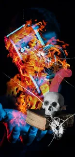 Fiery skull, camera, and book in artistic mobile wallpaper design.