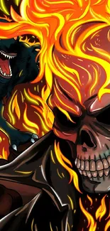 Fiery skull and wolves mobile wallpaper with dynamic flames and intense colors.