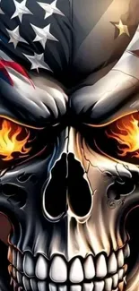 Fiery skull with American flag colors and details.
