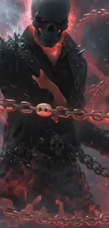 Skull with glowing eyes and chains in a fiery background.
