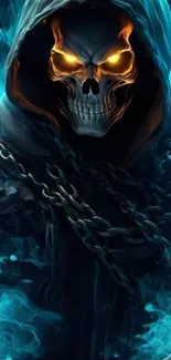 Mysterious hooded skull with fiery eyes amidst blue flames and chains.