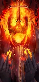 Fiery skull with cross, surrounded by flames and dark chains.