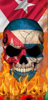 Fiery skull art with flag in intense colors.