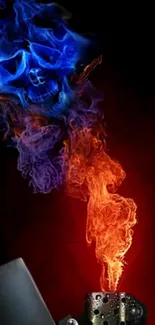 Fiery skull with colorful smoke emerging from a lighter on a dark background.