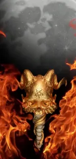 Fiery skull with horns surrounded by orange flames against a dark background.