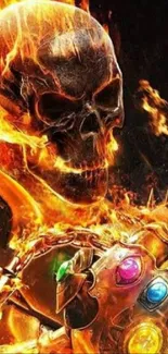 Fiery skull with gauntlet in fantasy art wallpaper.