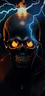 Fiery skull with vivid lightning in dark background mobile wallpaper.