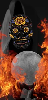 Artistic phone wallpaper with a fiery skull, flames, and a moon.