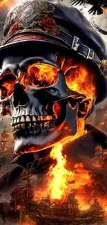 Fiery skull with hat and ravens against a burning background.