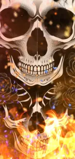 Fiery skull and roses wallpaper with orange flames.