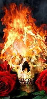 Mobile wallpaper of a fiery skull surrounded by red roses.