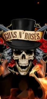 Fiery skull with roses and guns on a dark background wallpaper.