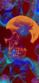 Fiery orange skull with blue smoke art, vibrant mobile wallpaper.