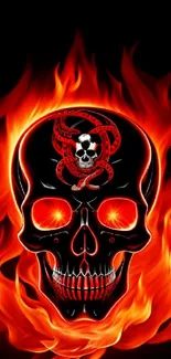 Fiery skull with snake and flames mobile wallpaper.