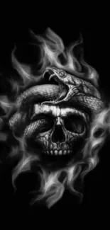 Fiery skull entwined with a snake on black background.