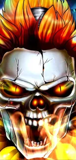 Fiery skull character with bright flames, perfect for intense mobile wallpaper.