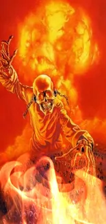 Fiery skull emerging in apocalyptic scene with red-orange background.