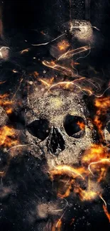 Detailed skull engulfed in vibrant flames wallpaper.