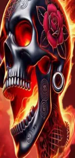 Fiery skull with intricate flames and rose art.