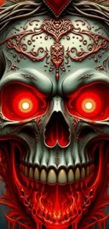 Fiery red skull with glowing eyes artwork.