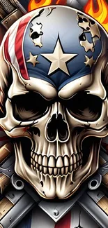 Fiery skull surrounded by flames and guns.