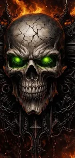 Fiery skull with green eyes and gothic design.