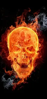 Fiery skull with flames on black background wallpaper.