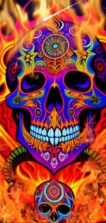 Colorful skull artwork with flames, perfect for mobile wallpaper.