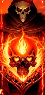 Fiery skull with glowing eyes and intricate flames on a dark background.