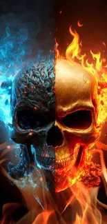 Vibrant split skull with blue and orange flames wallpaper.