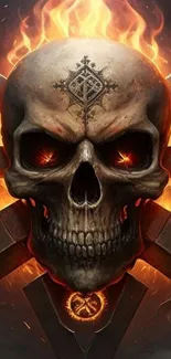 Fiery skull with glowing eyes and intricate designs in an intense mobile wallpaper.