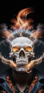 Fiery skull with flames and smoke on a dark background mobile wallpaper.