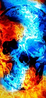 Fiery skull with blue and red flames on a mobile wallpaper.