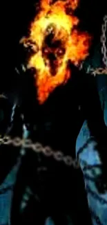 A ghostly warrior engulfed in flame with chains on a dark background.