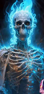 Fiery skull with blue flames and intricate artistic details.