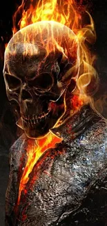 A fiery skull with flames in a dark-themed wallpaper.