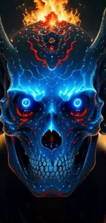 Fiery blue skull with flames, digital art design.