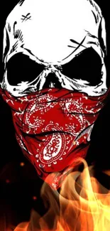 Dark skull wallpaper with a red bandana and flames.