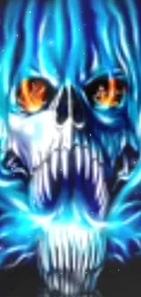 Fiery skull with blue flames and vibrant colors on a mobile wallpaper.