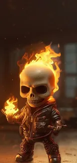 Cartoon skull character with fiery flames in a leather jacket.