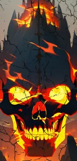 Fiery skull with flaming design on cracked mountainous backdrop.