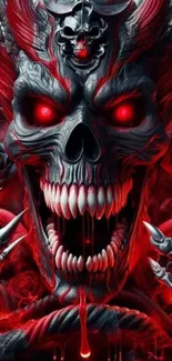 Fiery skull demon with red glowing eyes and sharp teeth in vivid colors.
