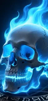 Fiery skull digital art with glowing blue flames.